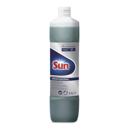 Eine 1-Liter-Flasche Diversey Sun Professional Handgeschirrspülmittel der Diversey Deutschland GmbH & Co. OHG verfügt über einen weißen Verschluss, ein überwiegend weißes Etikett mit dem Sun-Logo, Produktdetails, Reinigungs- und Sicherheitssymbolen und besticht durch einen frischen Zitronenduft.