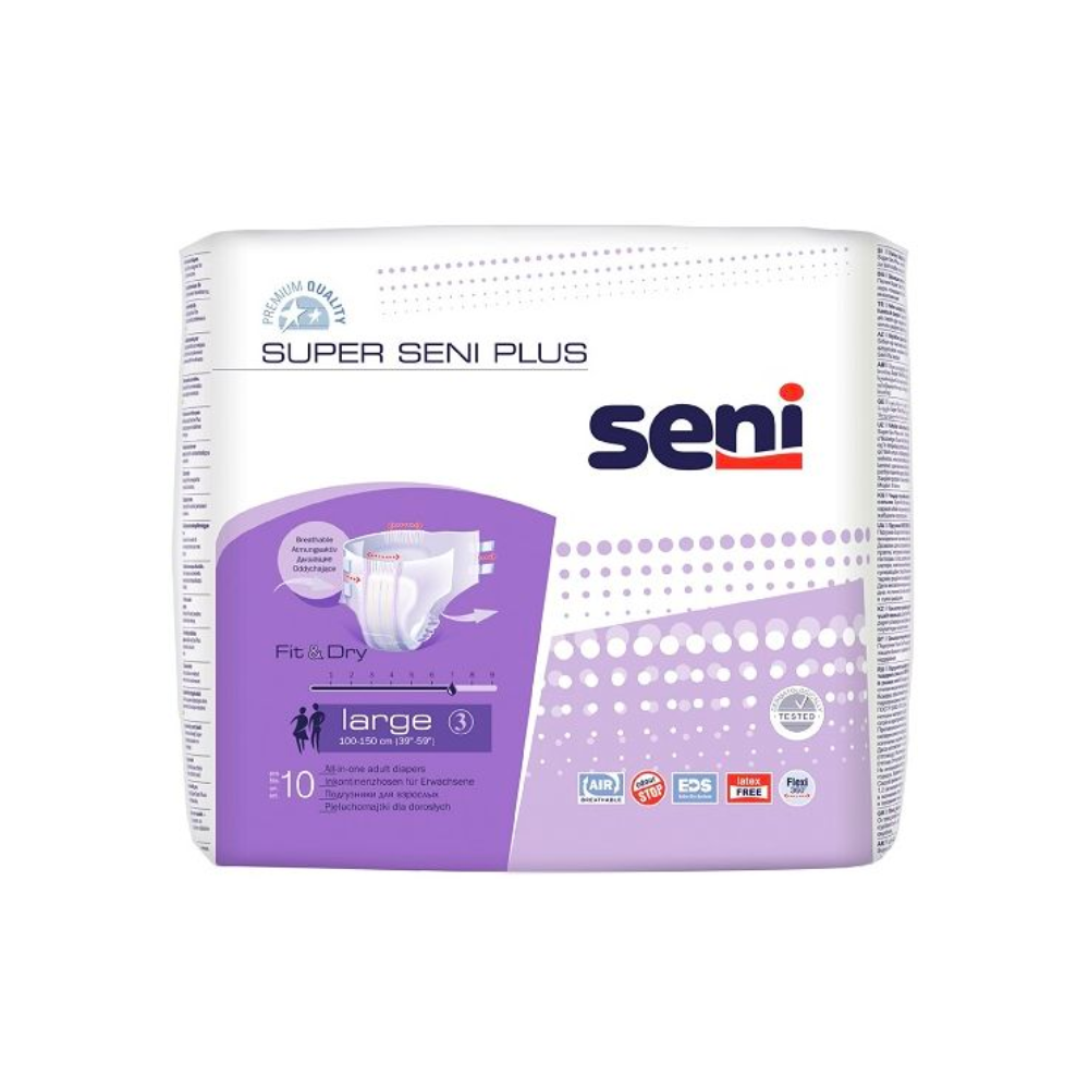 Eine Packung Super Seni Plus Inkontinenzhosen in Größe Large, mit violett-weißem Design mit Produktinformationen und Logos. Enthält 10 atmungsaktive Inkontinenzhosen bei Inkontinenz von TZMO Deutschland GmbH.