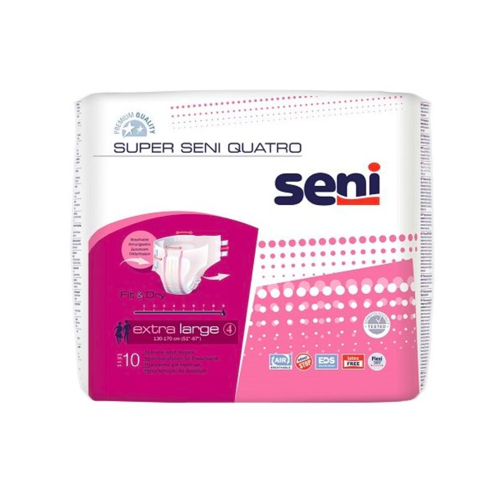 Opakowanie majtek chłonnych Super Seni Quatro od TZMO Deutschland GmbH dla dorosłych z osłabieniem pęcherza, rozmiar extra duży, z ochroną przed przeciekaniem i opakowaniem w kolorach różowym, białym i niebieskim.