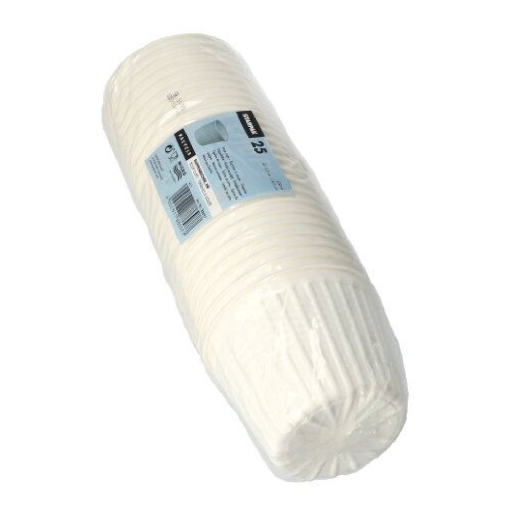 Stos kubków na zupę Starpak 25, PP "To Go" Ø 11,5 cm biały, zapakowany w przezroczysty plastik z niebieską etykietą z informacją o produkcie i kodem kreskowym.