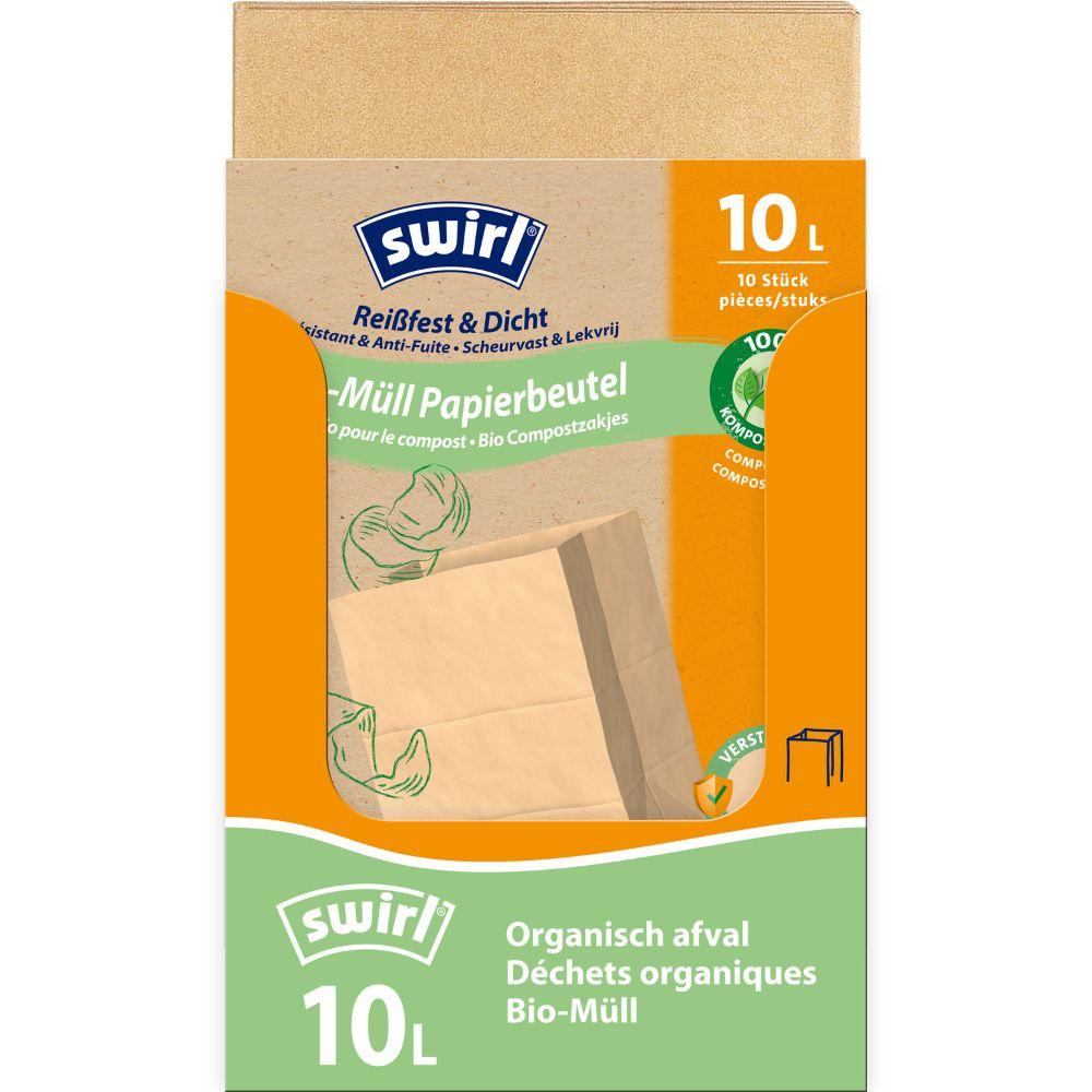Rola Swirl papierowych worków na odpady organiczne 10 l Wytrzymałe i szczelne od Melitta Europa GmbH & Co. KG zawiera 10 solidnych, kompostowalnych worków papierowych na odpady organiczne, z tekstem w wielu językach i ilustracją kapusty.