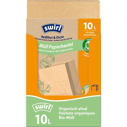 Rola Swirl papierowych worków na odpady organiczne 10 l Wytrzymałe i szczelne od Melitta Europa GmbH & Co. KG zawiera 10 solidnych, kompostowalnych worków papierowych na odpady organiczne, z tekstem w wielu językach i ilustracją kapusty.
