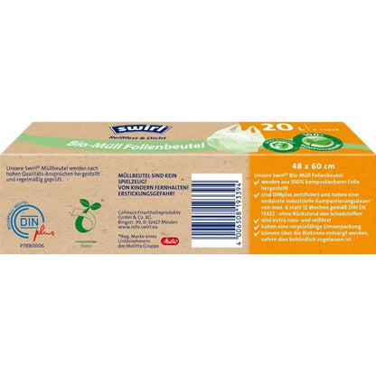 Prostokątne pudełko Swirl worków na bioodpady z folii 20 l od Melitta Europa GmbH & Co. KG z zielonymi, żółtymi i niebieskimi napisami pokazuje informacje o produkcie, certyfikowane logo DINplus, kod kreskowy; zawiera rolkę z 6 workami odpornymi na rozdarcia (48 x 60 cm) z uchwytami.