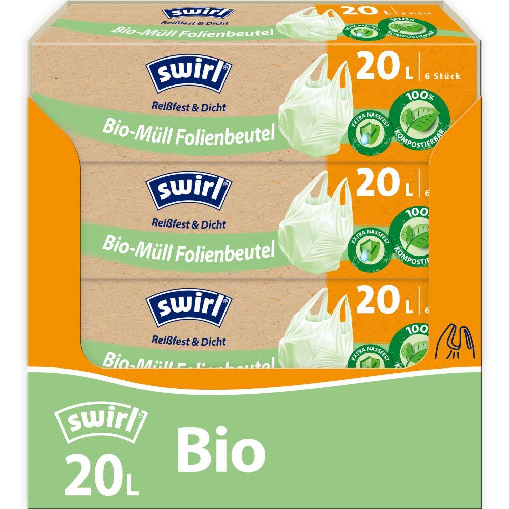 Rolka Swirl worków na bioodpady z folii z uchwytem (20L, 6 worków) od Melitta Europa GmbH & Co. KG z oznaczeniem „kompostowalny”, plakietką certyfikatu DINplus, zielonymi i pomarańczowymi akcentami oraz ilustracją białego worka na śmieci.