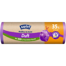 Der Swirl Duft-Müllbeutel Vanille Lavendel 35L von Melitta Europa GmbH & Co. KG wird in einer Rolle mit 9 Duftbeuteln aus 100 % recyceltem Kunststoff geliefert und ist mit violetten Akzenten und einem Vanille-Lavendel-Duftsymbol auf der Verpackung versehen.
