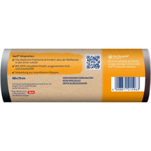 Eine Rolle Swirl Fixierband-Müllbeutel 60 l Reißfest & Dicht (10 Beutel) von Melitta Europa GmbH & Co. KG verfügt über ein hellbraunes deutsches Etikett, besteht aus 100 % recyceltem Kunststoff und hat ein elastisches Fixierband für sicheren Verschluss.