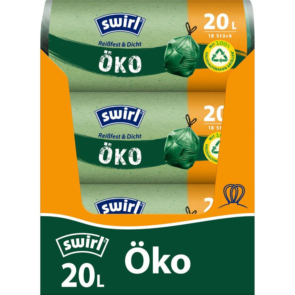 Rolka Swirl ekologicznych worków na śmieci z taśmą ściągającą 20 l od Melitta Europa GmbH & Co. KG zawiera 18 odpornych na rozerwanie, szczelnych worków z zamknięciem na sznurek i przyjaznymi dla środowiska właściwościami, wykonanych z recyklingowanego plastiku i oznaczonych zieloną pieczęcią.