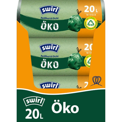 Rolka Swirl ekologicznych worków na śmieci z taśmą ściągającą 20 l od Melitta Europa GmbH & Co. KG zawiera 18 odpornych na rozerwanie, szczelnych worków z zamknięciem na sznurek i przyjaznymi dla środowiska właściwościami, wykonanych z recyklingowanego plastiku i oznaczonych zieloną pieczęcią.
