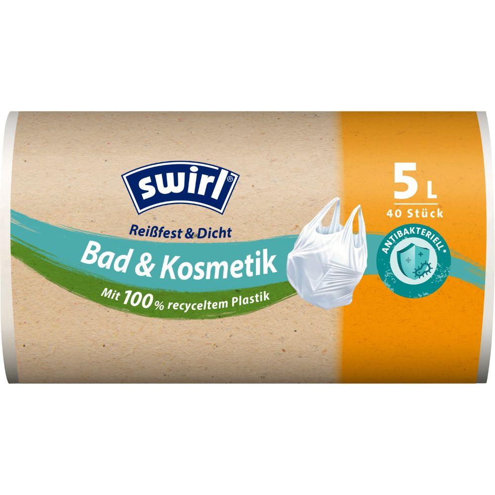 Rolka Swirl worków na śmieci z uchwytem do łazienki i kosmetyków 5L (40 worków) firmy Melitta Europa GmbH & Co. KG, wykonana w 100% z przetworzonego plastiku z ochroną antybakteryjną, jest oznaczona jako odporna na rozdarcia i szczelna.