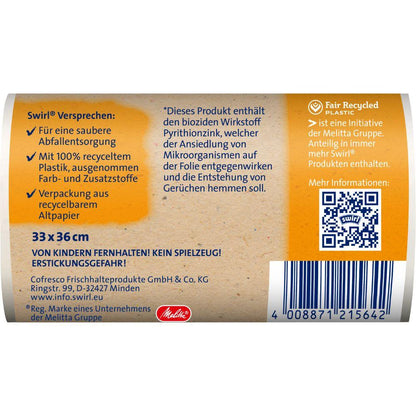 Tył opakowania Swirl worków na śmieci z uchwytem do łazienki i kosmetyków 5 l firmy Melitta Europa GmbH & Co. KG, z kodem kreskowym, kodem QR, niemieckimi informacjami o produkcie, szczegółami dotyczącymi recyklingu, ostrzeżeniami o bezpieczeństwie, informacją o ochronie antybakteryjnej i etykietą z 100% przetworzonego plastiku.