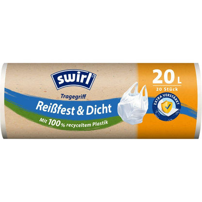 Rolka Melitta Europa GmbH & Co. KG Swirl worki na śmieci z uchwytem 20 l Wytrzymałe i szczelne, 20 worków na opakowanie, wykonane w 100% z recyklingowanego plastiku i oznaczone na opakowaniu białym obrazem worka na śmieci, który jest wyróżniony jako „przyjazny dla środowiska”.