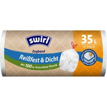 Eine Rolle Swirl Zugband-Müllbeutel 35L (11 Beutel) von Melitta Europa GmbH & Co. KG, hergestellt aus 100 % recyceltem Kunststoff mit Mehrschichtfolie für Reißfestigkeit und dichten Verschluss.
