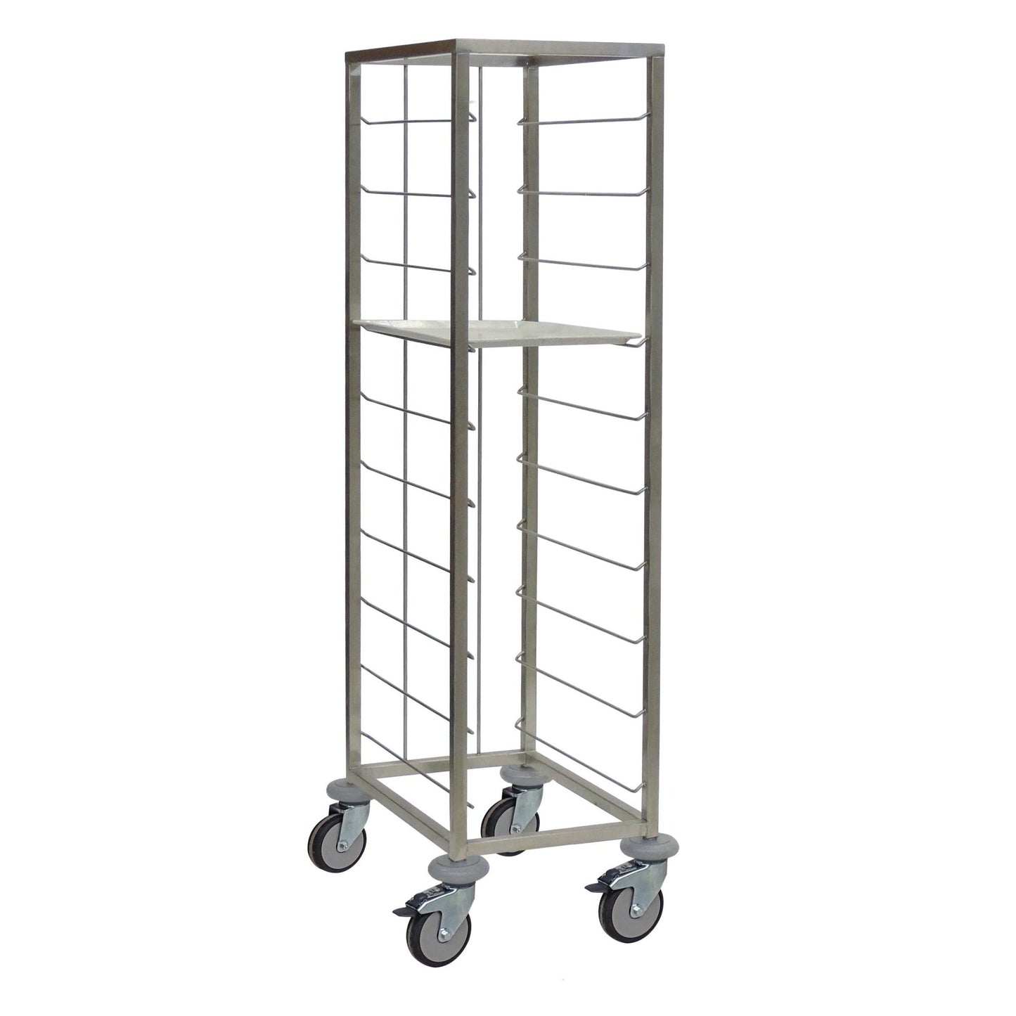 Wózek na tabletki Novocal ze stali nierdzewnej w wersji jednorzędowej mieści 10 tabletek, posiada centralną półkę oraz cztery kółka skrętne i idealnie nadaje się jako wózek na tabletki do szpitali.