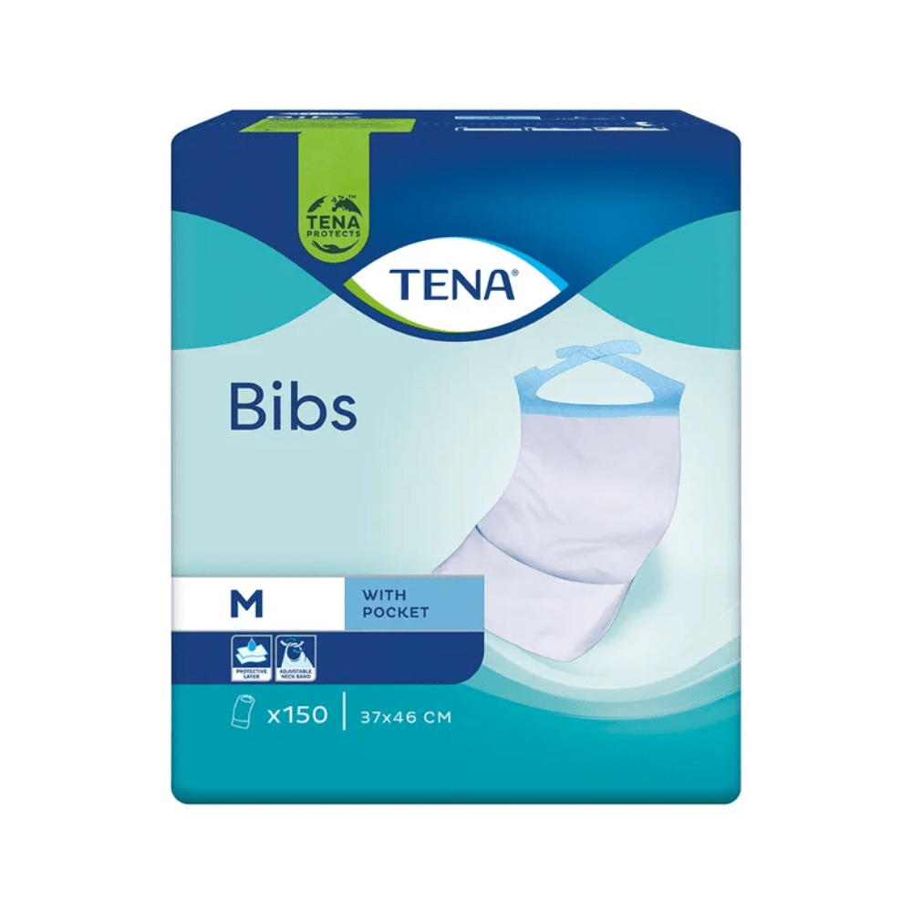 Jednorazowe serwetki ochronne TENA Bibs, ochrona odzieży, produkowane przez Essity Germany GmbH, są dostarczane w niebiesko-zielonym opakowaniu z ilustracją pojedynczego śliniaka. To opakowanie w rozmiarze M zawiera 150 jednorazowych serwetek ochronnych z kieszonką, każda o wymiarach 37x46 cm.