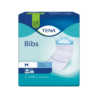 Jednorazowe serwetki ochronne TENA Bibs, ochrona odzieży, produkowane przez Essity Germany GmbH, są dostarczane w niebiesko-zielonym opakowaniu z ilustracją pojedynczego śliniaka. To opakowanie w rozmiarze M zawiera 150 jednorazowych serwetek ochronnych z kieszonką, każda o wymiarach 37x46 cm.