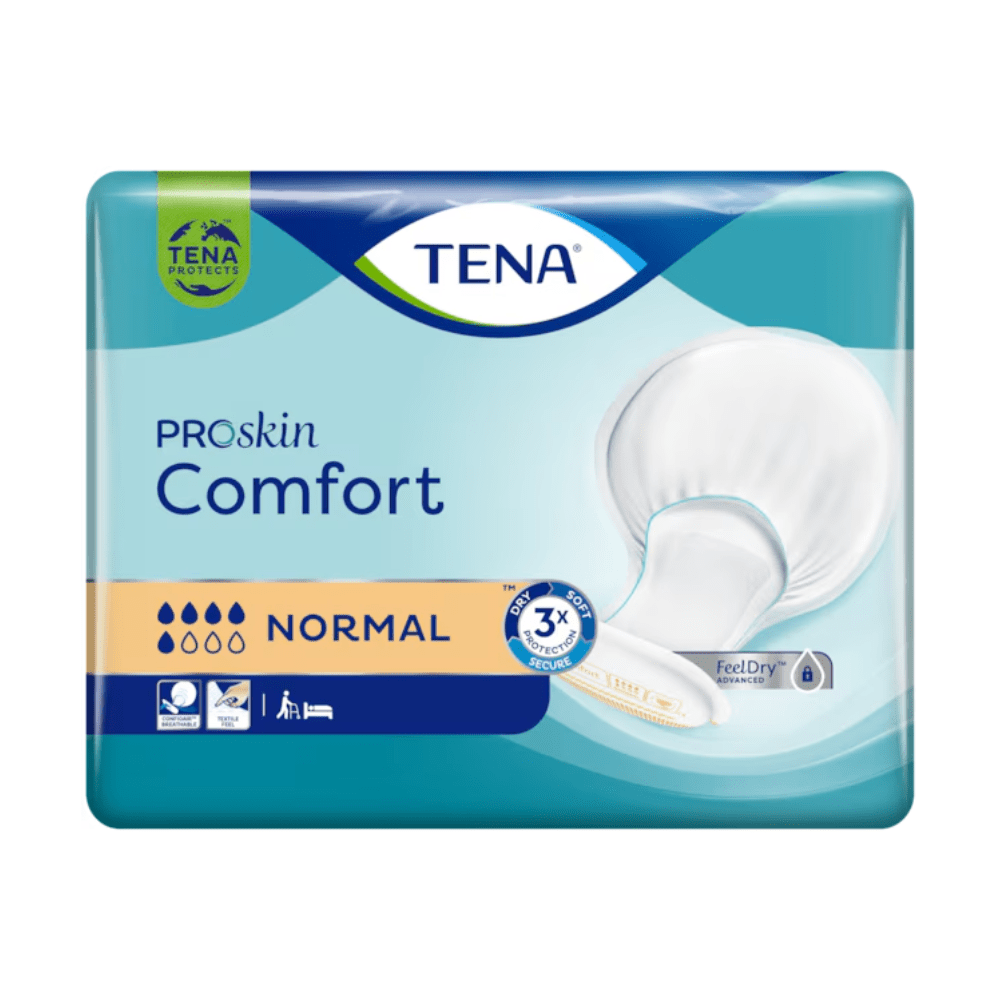 Opakowanie wkładek TENA Comfort Normal od TENA - Essity Germany GmbH zawiera 42 sztuki wkładek, które zapewniają doskonałą ochronę przed przeciekaniem. Opakowanie jest głównie niebieskie z białymi i złotymi akcentami i przedstawia obraz wkładki oraz symbole chłonności, kontroli zapachu i ochrony przed przeciekaniem.