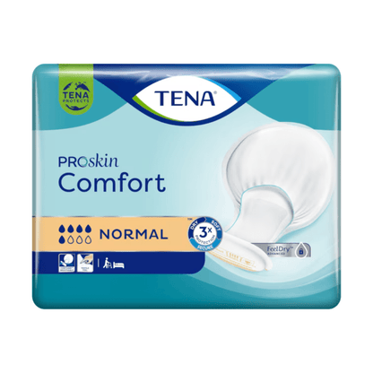 Opakowanie wkładek TENA Comfort Normal od TENA - Essity Germany GmbH zawiera 42 sztuki wkładek, które zapewniają doskonałą ochronę przed przeciekaniem. Opakowanie jest głównie niebieskie z białymi i złotymi akcentami i przedstawia obraz wkładki oraz symbole chłonności, kontroli zapachu i ochrony przed przeciekaniem.