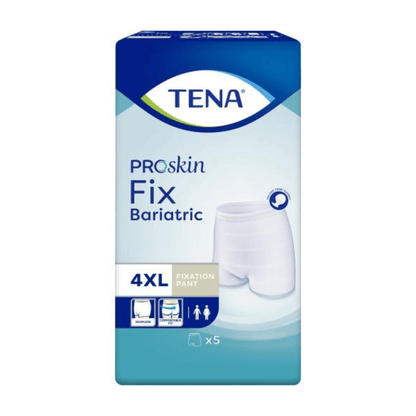Obrazek przedstawia opakowanie majtek mocujących TENA Fix Bariatric na nietrzymanie moczu od TENA – Essity Germany GmbH w rozmiarze 4XL. Niebiesko-białe opakowanie zawiera ilustrację produktu w bezszwowym wzorze i zawiera pięć majtek.