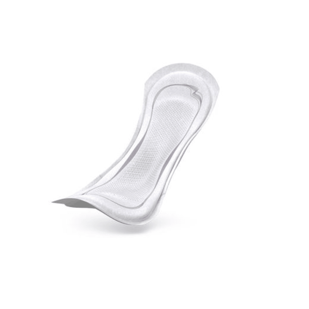 Na białym tle widoczna jest wkładka na nietrzymanie moczu TENA Lady Discreet Extra Plus firmy Essity Germany GmbH. Wkładka ta wykorzystuje technologię InstaDRY i charakteryzuje się wyprofilowaną konstrukcją z teksturowaną powierzchnią, zaprojektowaną z myślą o higienie osobistej.