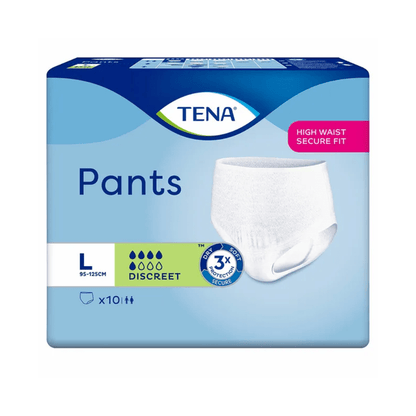 Majtki na nietrzymanie moczu TENA Pants Discreet firmy TENA – Essity Germany GmbH w rozmiarze Large zapewniają wysoki poziom dopasowania i bezpieczeństwa. Opakowanie podkreśla ich dyskretny wygląd; zawiera 10 par majtek jednorazowych (bielizny jednorazowej) w niebiesko-białej kolorystyce, która zwraca uwagę na ich chłonność oraz cechy zapewniające bezpieczeństwo w leczeniu nietrzymania moczu.