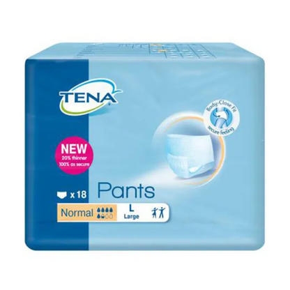 Die Verpackung der TENA Pants Normal Inkontinenzhose für Erwachsene in der Größe Large der TENA - Essity Germany GmbH umfasst 18 Hosen, die speziell für Blasenschwäche entwickelt wurden. Das blaue Design kennzeichnet Produktbilder und betont Komfort und einen sicheren Sitz.