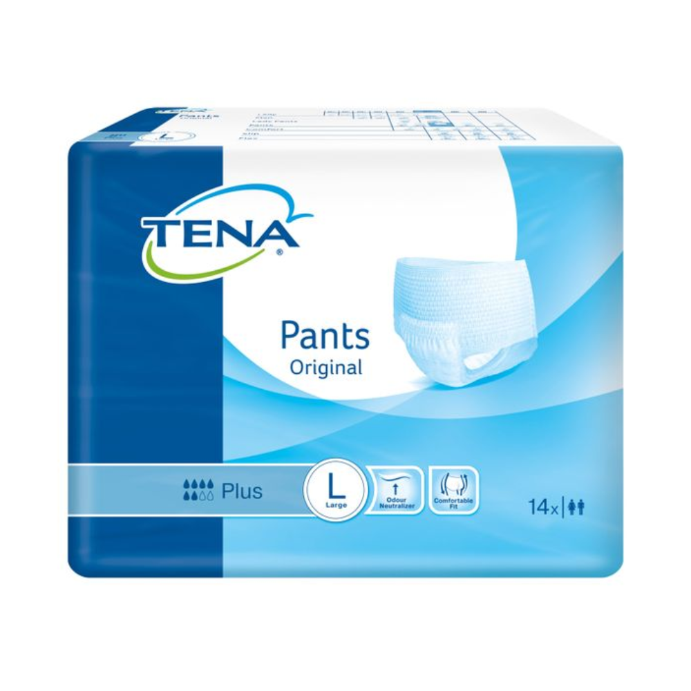 Eine Packung TENA Pants Original Plus Inkontinenzhosen in Größe Large. Die blau-weiße Verpackung weist darauf hin, dass das Produkt für Blasenschwäche geeignet ist. Diese Packung mit 14 TENA Pants Original Plus Inkontinenzhosen bietet die Saugstärke „Plus“, perfekt zur Behandlung von Blasenschwäche.