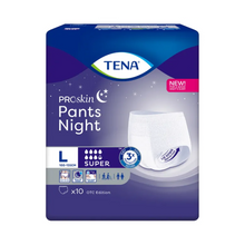 Obraz przedstawia opakowanie dla majtek TENA ProSkin Pants Night Super Inkontinenzpants od TENA – Essity Germany GmbH. Ta jednorazowa bielizna jest zaprojektowana do potrzeb związanych z nietrzymaniem moczu i oferuje szeroki zakres rozmiarów od 100-135 cm. Zapewnia super chłonność i ochronę nocną z przyjaznymi dla skóry właściwościami. Opakowanie zawiera 10 majtek, idealnych do leczenia słabości pęcherza.