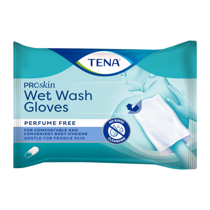 Opakowanie rękawiczek do mycia TENA ProSkin Wet Wash Gloves, bezzapachowych rękawiczek do mycia | Opakowanie (8 sztuk) podkreśla ich przydatność do wygodnej higieny ciała. Rękawiczki są delikatne dla wrażliwej skóry i nie wymagają spłukiwania. Ilustrację do demonstracji użytkowania znajdziesz na tylnej stronie niebieskiego opakowania.