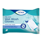 Opakowanie rękawiczek do mycia TENA ProSkin Wet Wash Gloves, bezzapachowych rękawiczek do mycia | Opakowanie (8 sztuk) podkreśla ich przydatność do wygodnej higieny ciała. Rękawiczki są delikatne dla wrażliwej skóry i nie wymagają spłukiwania. Ilustrację do demonstracji użytkowania znajdziesz na tylnej stronie niebieskiego opakowania.