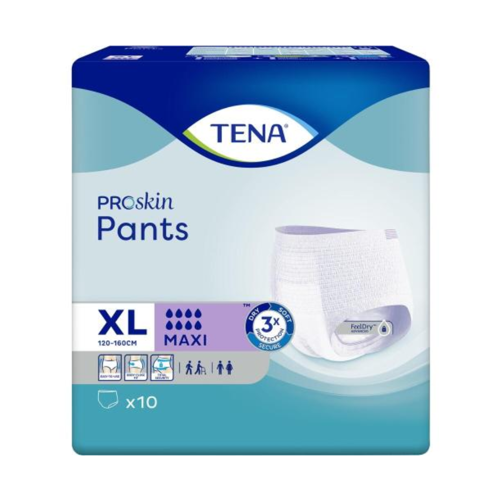 TENA Proskin Pants Maxi majtki na nietrzymanie moczu od Essity Germany GmbH są dostarczane w niebieskim opakowaniu ze zdjęciem produktu. Pokazuje ważne szczegóły, takie jak rozmiar XL (120-160 cm), chłonność Maxi i technologię FeelDry Advanced, łącznie zawiera 10 majtek. Symbole na opakowaniu podkreślają funkcje, które pomagają osobom dotkniętym nietrzymaniem moczu skutecznie sobie z nim radzić.