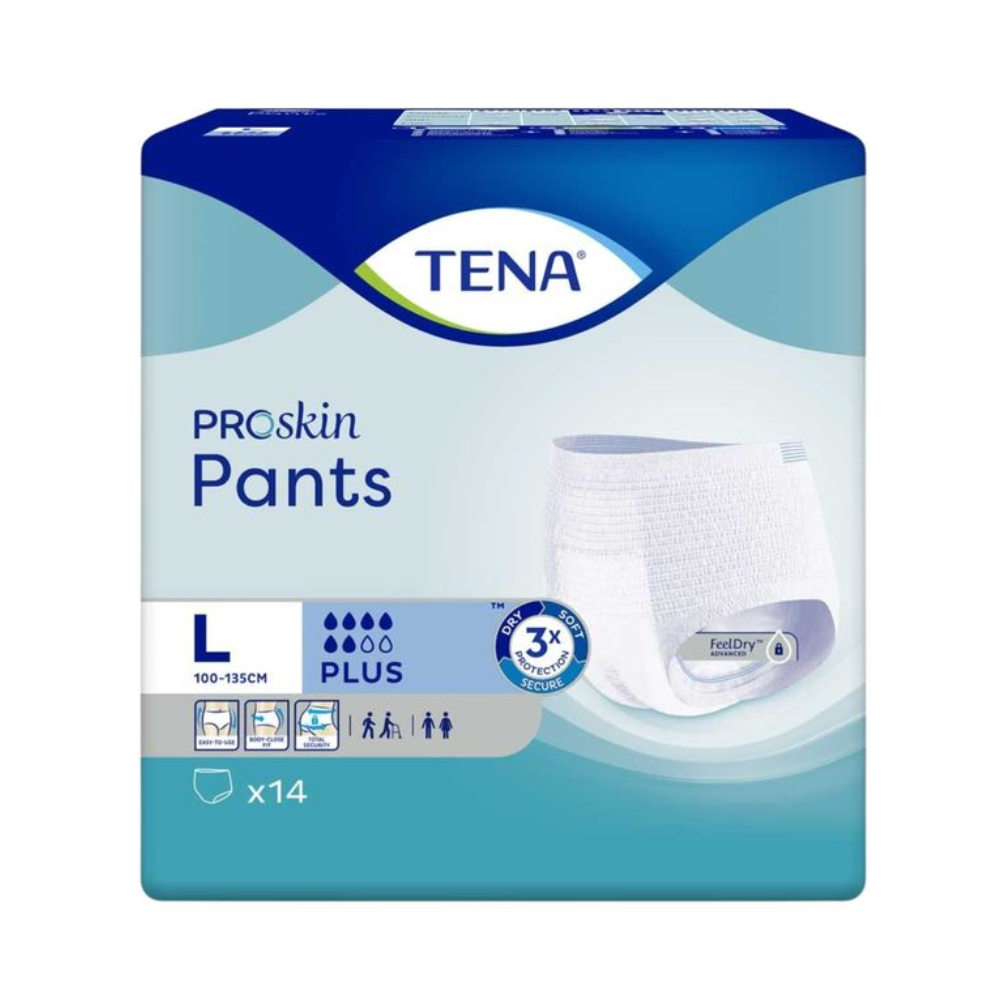 Die Verpackung der TENA ProSkin Pants Plus Inkontinenzhosen in Blau und Weiß, konzipiert für die Taillenweiten 100-135 cm in Größe Large (L), verfügt über eine feuchtigkeitsreduzierende Technologie mit Plus-Saugfähigkeit. Diese 14er-Packung bequemer Inkontinenzhosen von TENA – Essity Germany GmbH sorgt durch ihre fortschrittliche FeelDry-Technologie für Trockenheit und Sicherheit.
