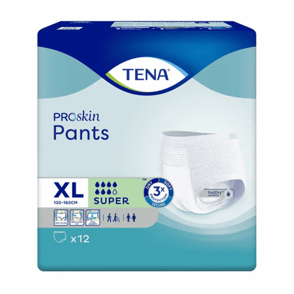 Opakowanie majtek na nietrzymanie moczu TENA Proskin Pants Super firmy TENA – Essity Germany GmbH, dostępne w rozmiarze XL (120–160 cm), jest przeznaczone dla osób cierpiących na nietrzymanie moczu. Na opakowaniu podkreślono poziom chłonności „Super” oraz zamieszczono ilustracje przedstawiające bezpieczne dopasowanie i łatwość użytkowania. Każde opakowanie zawiera 12 majtek na nietrzymanie moczu.