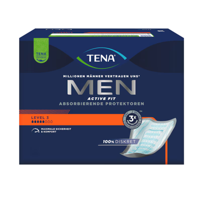 Eine blaue Schachtel von Muster TENA Men Active Fit von TENA - Essity Germany GmbH, Level 3, mit deutschen Informationen und einer Abbildung eines Pads auf der Vorderseite, entwickelt für Blasenschwäche Männer.