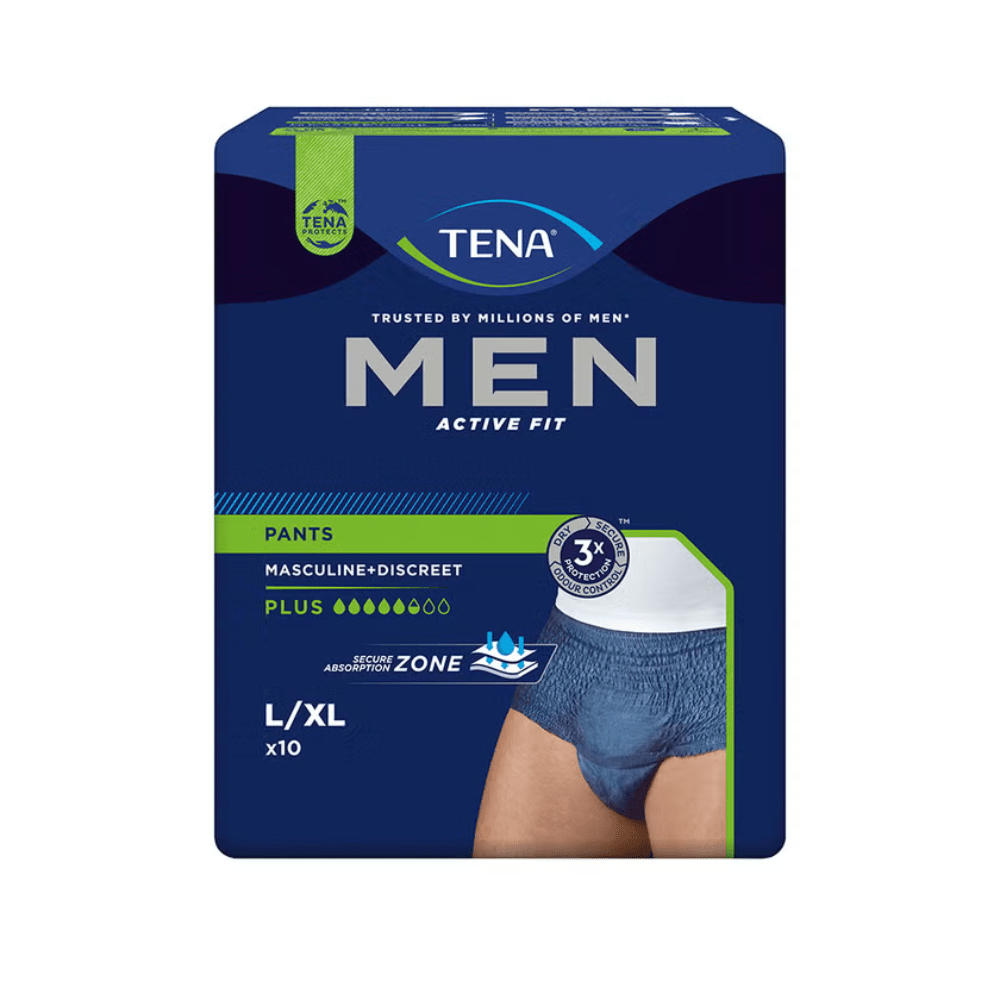 Opakowanie wzorcowe TENA Men Active Fit Pants Plus Blue od TENA - Essity Germany GmbH, rozmiar L/XL (10 jednorazowych majtek dla mężczyzn), znajduje się w ciemnoniebieskim opakowaniu z wyciętym obrazem mężczyzny i podkreśla najważniejsze cechy dla osób z nietrzymaniem moczu.