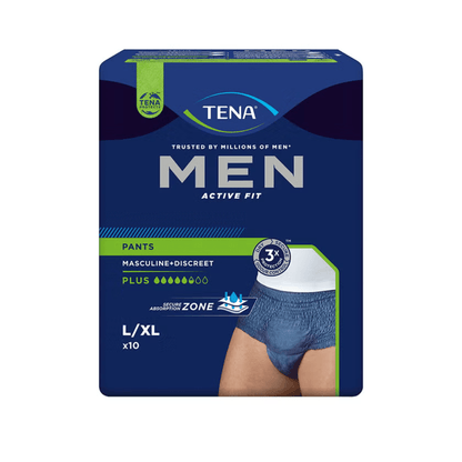Opakowanie wzorcowe TENA Men Active Fit Pants Plus Blue od TENA - Essity Germany GmbH, rozmiar L/XL (10 jednorazowych majtek dla mężczyzn), znajduje się w ciemnoniebieskim opakowaniu z wyciętym obrazem mężczyzny i podkreśla najważniejsze cechy dla osób z nietrzymaniem moczu.