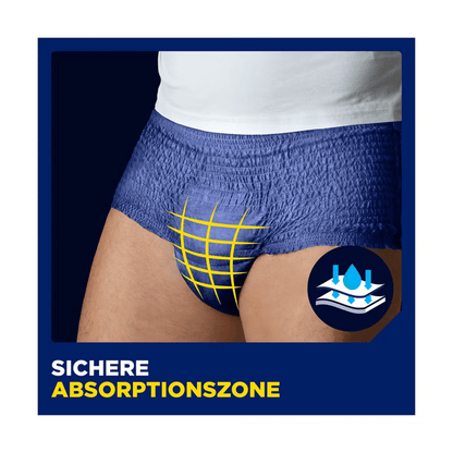 Mężczyzna nosi wzorcowe TENA Men Active Fit Pants Plus Blue od TENA - Essity Germany GmbH, przedstawione z żółtą siatką i symbolem "Strefa bezpiecznej absorpcji" dla skutecznej ochrony przed nietrzymaniem moczu u mężczyzn.