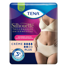Opakowanie TENA Silhouette Plus Creme majtek inkontynencyjnych od TENA - Essity Germany GmbH, przedstawione z kobietą prezentującą produkt. Opakowanie oferuje pewną ochronę, potrójną kontrolę zapachu i zwiększoną chłonność dla osłabienia pęcherza.