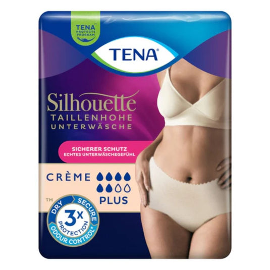 Opakowanie majtek na nietrzymanie moczu TENA Silhouette Plus Creme firmy TENA – Essity Germany GmbH, przedstawiające kobietę prezentującą produkt. Opakowanie zapewnia bezpieczną ochronę, potrójną kontrolę zapachu oraz zwiększoną chłonność w przypadku nietrzymania moczu.