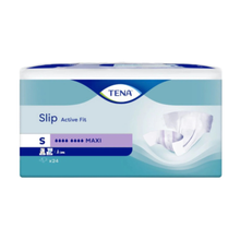 Eine Packung mit 24 TENA Slip Active Fit Maxi Windeln für Erwachsene, Größe klein, von TENA - Essity Germany GmbH. Mit Inkontinenzvorlage und hochwertigem Auslaufschutz in blau-weißer Verpackung mit Produktbildern und Details auf der Vorderseite.
