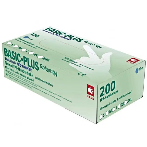 Eine rechteckige Box von AMPri Auslaufartikel: TPE Handschuh, schwarz, puderfrei, Basic-Plus Revolution - XXL der AMPri Handelsgesellschaft mbH enthält 200 Handschuhe der Größe XXL und ist mit Größensymbolen sowie einer Handgrafik auf der Verpackung versehen.