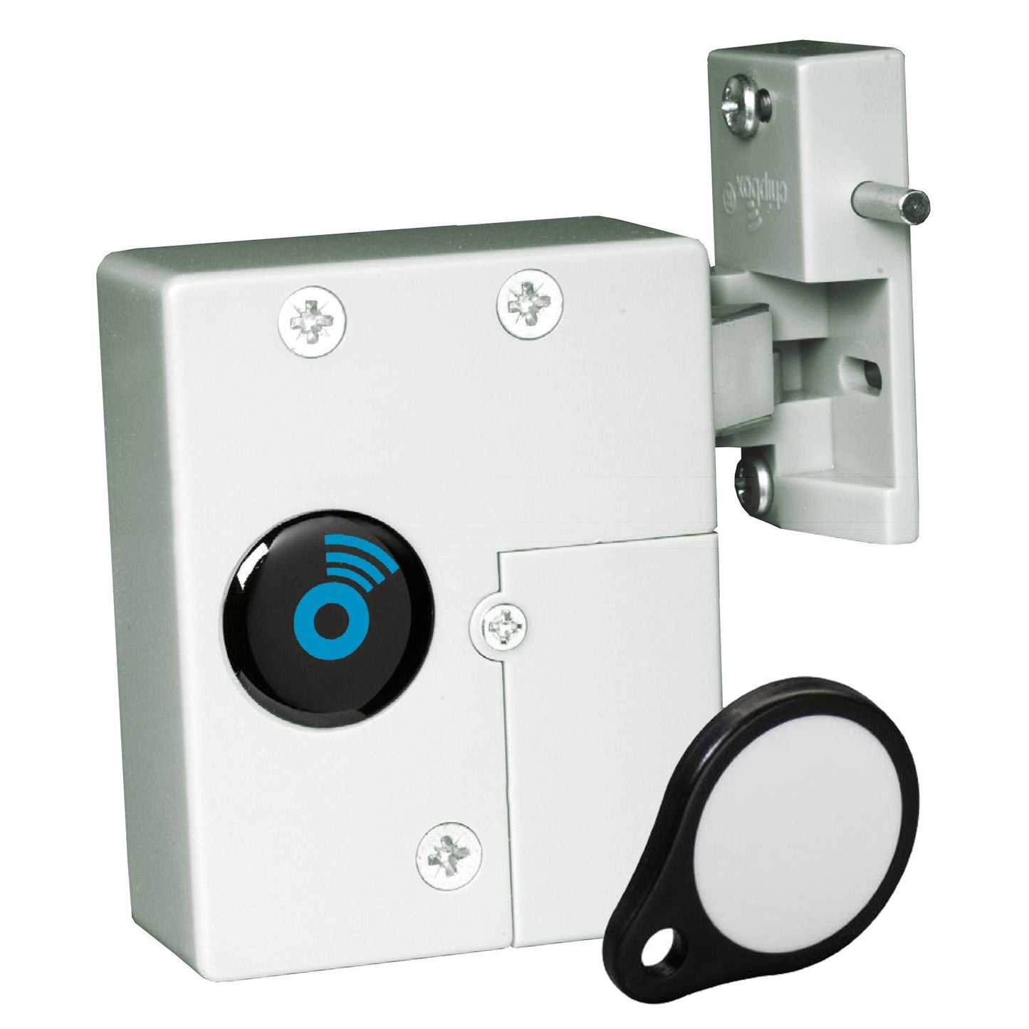 Na zdjęciu znajduje się elektroniczny zamek transponderowy Novocal (1 sztuka) do szuflad lub drzwi w kolorze białym z okrągłym czarnym sensorem, który ma niebieski symbol radiowy; przed nim znajduje się biały brelok z czarną krawędzią, a uchwyt ścienny jest zamontowany.