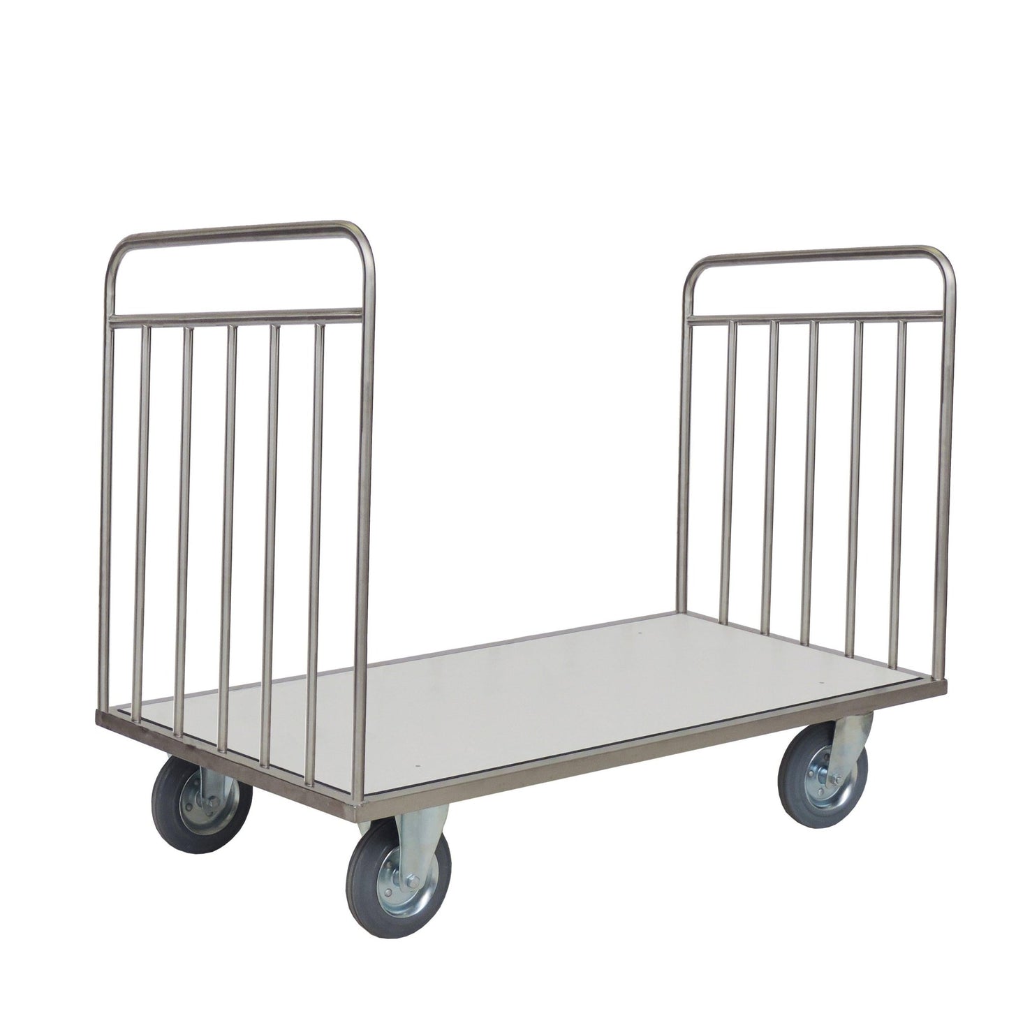 Wózek transportowy Novocal bez tylnej ściany posiada ramę ze stali nierdzewnej, płaską powierzchnię, otwarte boki i pionowe pręty na obu końcach - idealny do transportu dużych lub ciężkich przedmiotów. Wszystkie połączenia rur są w pełni spawane dla długiej żywotności.