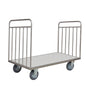 Wózek transportowy Novocal bez tylnej ściany posiada ramę ze stali nierdzewnej, płaską powierzchnię, otwarte boki i pionowe pręty na obu końcach - idealny do transportu dużych lub ciężkich przedmiotów. Wszystkie połączenia rur są w pełni spawane dla długiej żywotności.