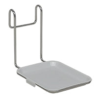 Die Novocal Tropfschale | 1 Stück ist ein Seifenschalenhalter aus Metall mit einer rechteckigen weißen Schale und zwei aufrechten Metallhaken, abgebildet auf einem schlichten weißen Hintergrund.