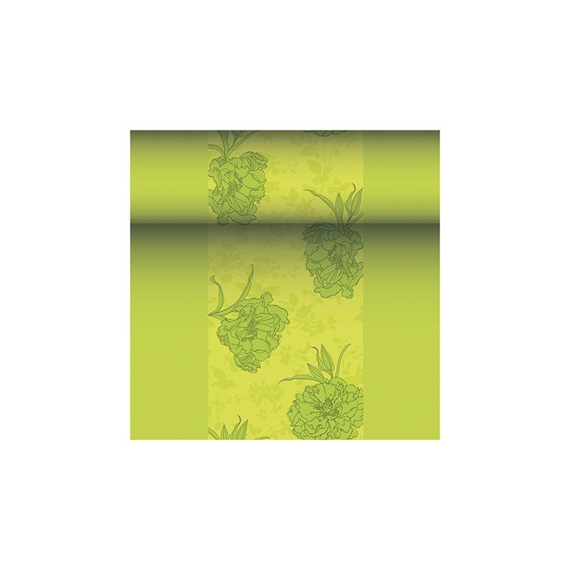 Przedstawiona jest rolka tapety z kwiatowym wzorem w odcieniach zieleni, która przypomina szlachetną kolekcję ROYAL firmy PAPSTAR GmbH. Ten wzór pokazuje duże kwiaty w nieco ciemniejszej zieleni na jaśniejszym zielonym tle, emanując eleganckim urokiem, podobnym do bieżnika PAPSTAR podobnego do tkaniny PV-Tissue Mix „ROYAL Collection“ o wymiarach 24 m x 40 cm.