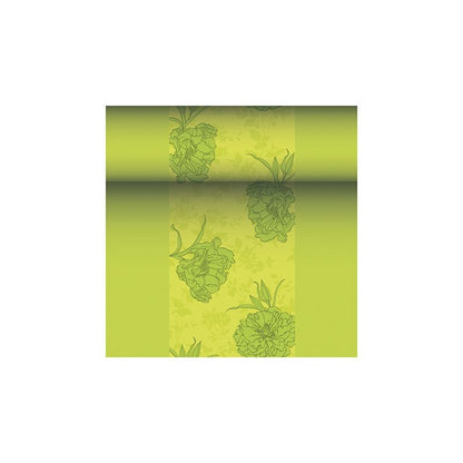 Przedstawiona jest rolka tapety z kwiatowym wzorem w odcieniach zieleni, która przypomina szlachetną kolekcję ROYAL firmy PAPSTAR GmbH. Ten wzór pokazuje duże kwiaty w nieco ciemniejszej zieleni na jaśniejszym zielonym tle, emanując eleganckim urokiem, podobnym do bieżnika PAPSTAR podobnego do tkaniny PV-Tissue Mix „ROYAL Collection“ o wymiarach 24 m x 40 cm.