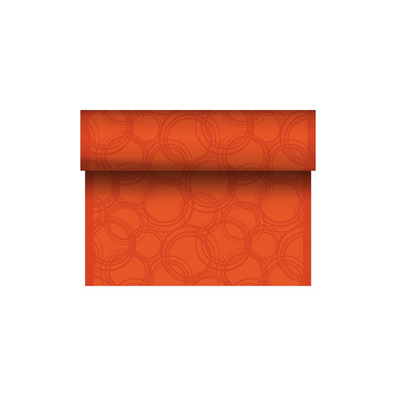 Jako część kolekcji ROYAL firmy PAPSTAR GmbH, ten bieżnik stołowy z mieszanki PV-Tissue ma jasnopomarańczowe tło z nieco ciemniejszym, nakładającym się wzorem kół. Jego intensywny i nowoczesny design dodaje każdemu wnętrzu żywego akcentu.