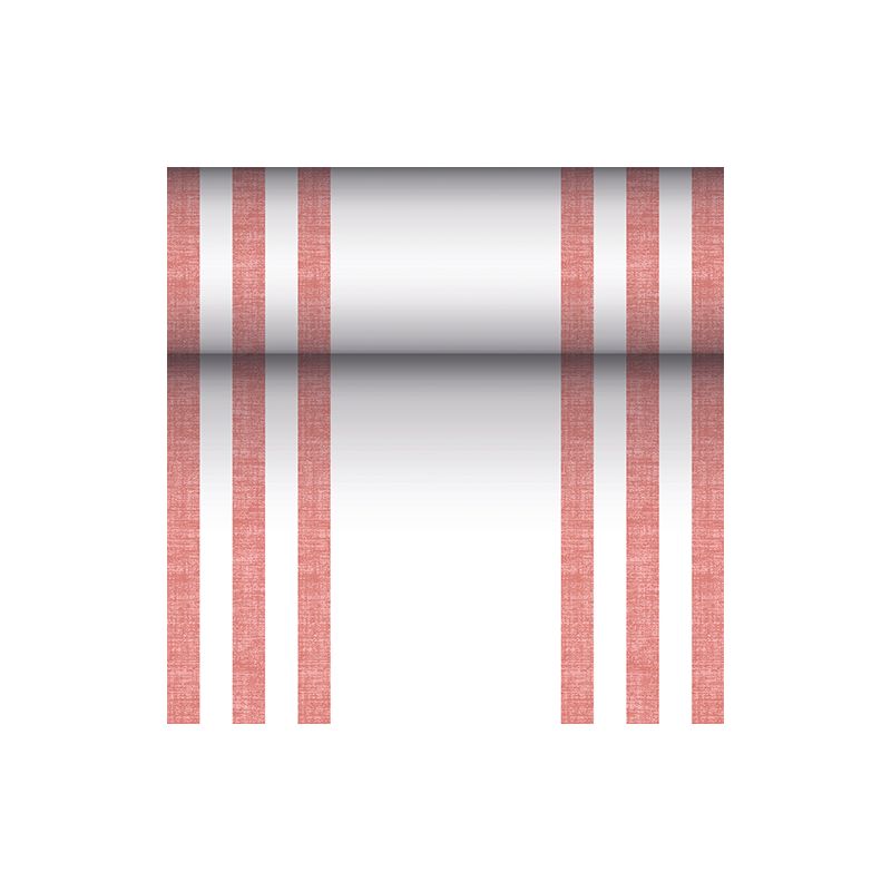 Bieżnik stołowy podobny do tkaniny PV-Tissue Mix „ROYAL Collection“ firmy PAPSTAR GmbH o wymiarach 24 m x 40 cm zachwyca wyrazistym wzorem z sześciu pionowych czerwonych linii, uzupełnionym centralnym poziomym gradientem od czerni do bieli na nieskazitelnie białym tle.