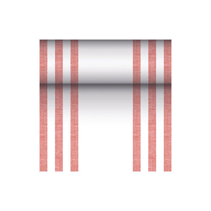 Bieżnik stołowy podobny do tkaniny PV-Tissue Mix „ROYAL Collection“ firmy PAPSTAR GmbH o wymiarach 24 m x 40 cm zachwyca wyrazistym wzorem z sześciu pionowych czerwonych linii, uzupełnionym centralnym poziomym gradientem od czerni do bieli na nieskazitelnie białym tle.