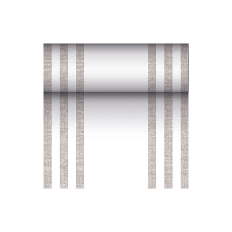 Metalicznie odbijający się cylinder zawieszony jest na trzech pionowych, równoległych brązowych liniach po każdej stronie, co przypomina nowoczesny design bieżnika stołowego podobnego do tkaniny PV-Tissue Mix z kolekcji „ROYAL Collection“ firmy PAPSTAR na białym tle.